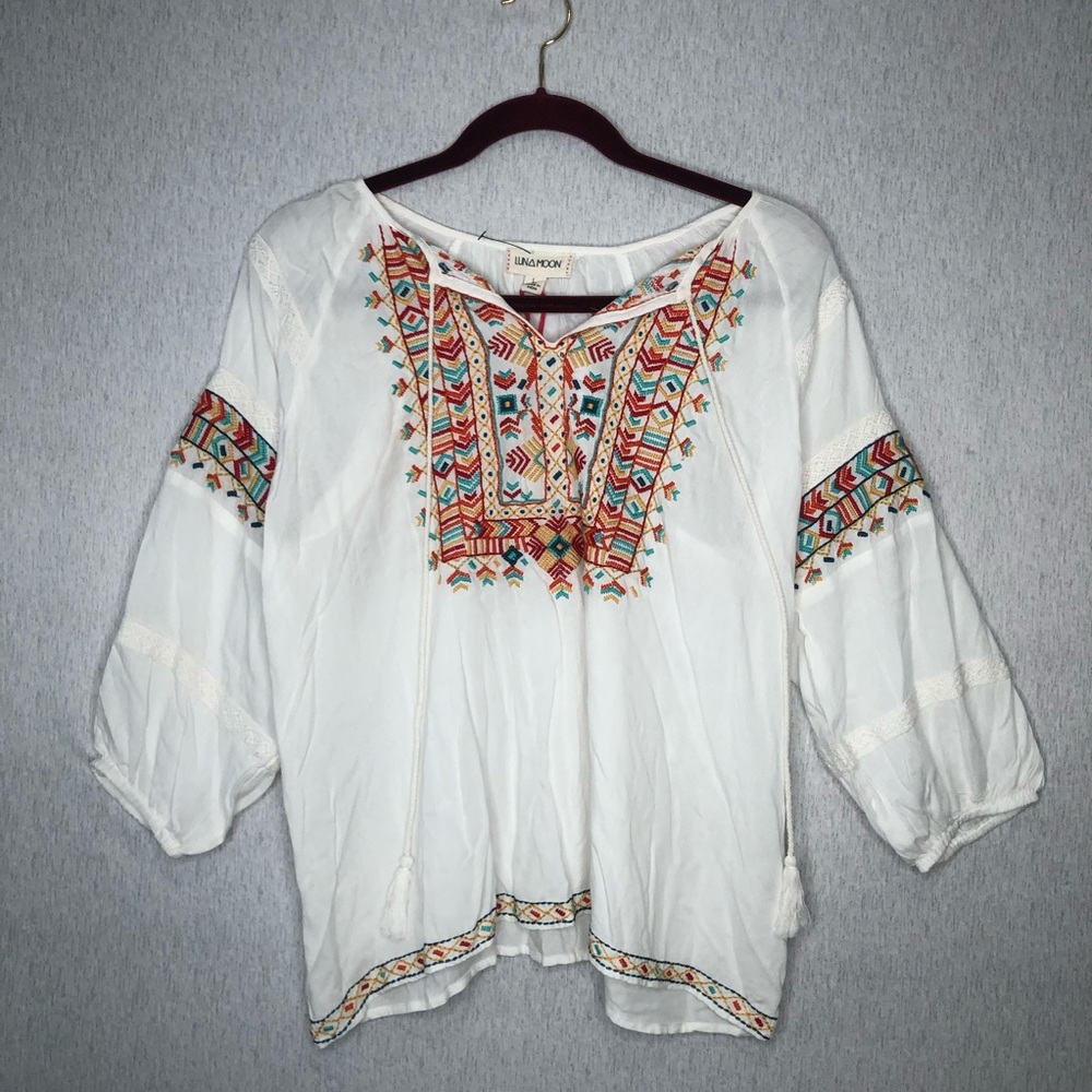 NWT Luna Moon Blouse Womens L Embroidered Lace Folk Peasant Aztec Tassels White